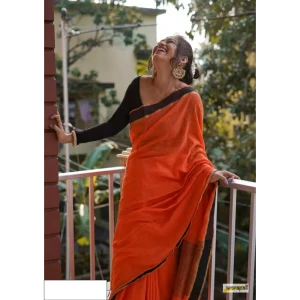 womens Handloom Bengal Traditional Khadi Pure Cotton Sarees Orange with Black