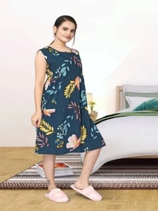 new floral print night suit women sexy sleepwear fashion plus size night dress viscose cotton thin female nightwear blue