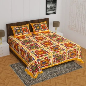 Jaipuri Sanganeri Floral Printed Double Bedsheet with 2 Pillow Cover Yellow Multicolour