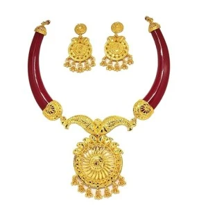 Tanvi J Gold Plated Plastic Red Color Pola Necklace Set For Women Tanvi J Gold Plated Plastic Red Color Pola Necklace Set For Women