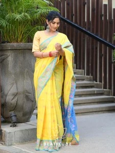 Fancy Cotton Yellow and Blue Combination silk saree with running blouse piece Fancy Cotton Yellow and Blue Combination silk saree with running blouse piece