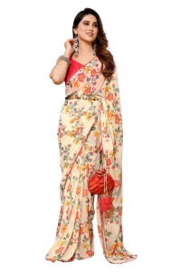 Women Redy to Wear Printed Beige Saree With Small Lace Border Blouse