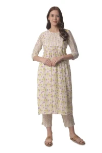 Woman White Purple Solid 100% Cotton printed Kurta