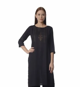 Woman Black Solid 100% Cotton Blend Kurta With Embroidery