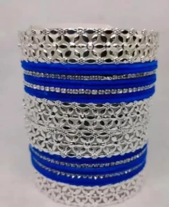 Alloy Cubic Zirconia Silver Coated Blue Bangle Set Pack of 10