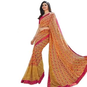 Star Walk Floral Print Georgette Yellow Saree Star Walk Floral Print Georgette Yellow Saree