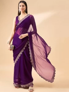 AKRUTI Purple Plain Saree With Embroidery Cut Work Lace