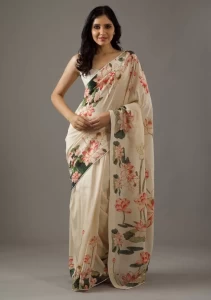 duraga bright moss cream printed saree