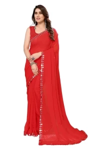 Plain Red Butti saree with Mirror Less