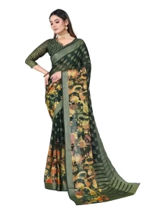 DARK GREEN SHIFFON BRASO PRINTED WITH ZARI