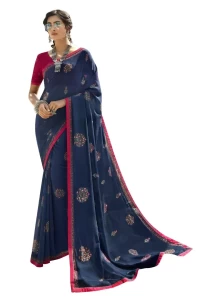 Dark Blue flower Georgette printed saree with BANGLORI Blouse