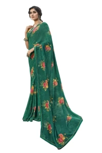 Dark Green flower Georgette printed saree with BANGLORI Blouse