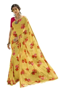 Yellow flower Georgette printed saree with BANGLORI Blouse