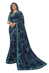 Dark Blue Printed Georgette Saree With Blouse
