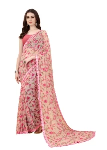 Mirror Pink Flower Banglori Printed saree with Mirror Less