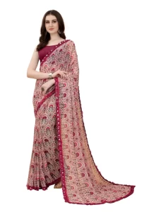 Mirror Red Flower Banglori Printed saree with Mirror Less