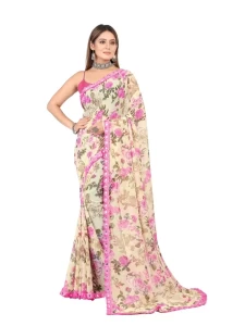 Mirror Beige Banglori Printed saree with Mirror Less