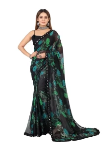 Mirror Blue Green Banglori Printed saree with Mirror Less