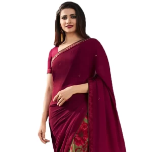 Floral Half Print Fashion Georgette Maroon Line Saree Floral Half Print Fashion Georgette Maroon Line Saree