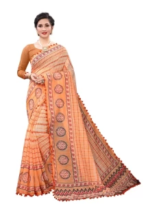 Orange Soft Cotton Printed Saree