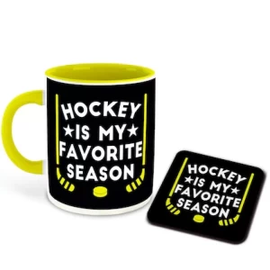 Hockey is My Favorite Season Printed Yellow Coffee Mug With Coaster