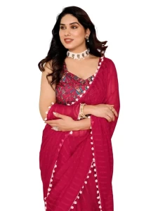 Georgette Plain Pink Saree With Digital Print Blouse