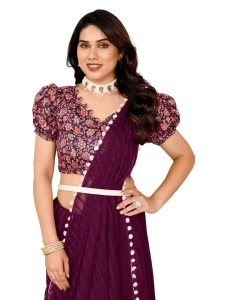 Georgette Plain Purple Saree With Digital Print Blouse