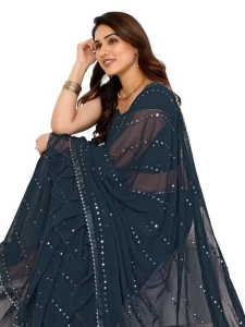 Georgette Rama Ruffal Saree With Mirror Work