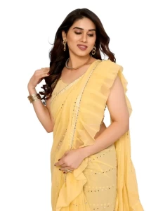 Georgette Yellow Ruffal Saree With Mirror Work