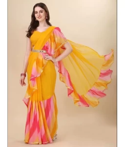 Ruffal Georgette Yellow Saree