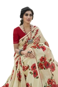 Cream red flower Georgette printed saree with BANGLORI Blouse