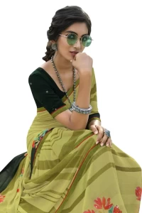 Olive green flower Georgette printed saree with BANGLORI Blouse