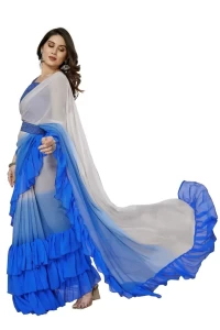 Georgette Blue Ruffal Saree With Mirror Work