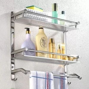 Double Layer Bathroom Shelf with Towel Rod