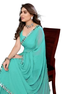 Plain LIGHT FIROZI Butti saree with Mirror Less