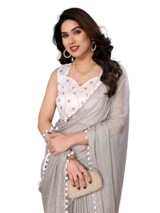 KRISHNA Grey PLAIN Polyester Zari SAREE WITH EMBROIDERY WORK