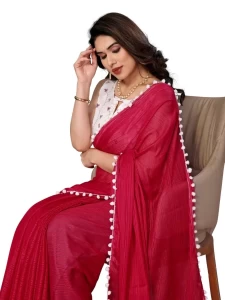 KRISHNA Pink PLAIN Polyester Zari SAREE WITH EMBROIDERY WORK