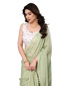 KRISHNA Pista PLAIN Polyester Zari SAREE WITH EMBROIDERY WORK