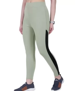Womens Solid Green Black Color Block Tights Gym Pant