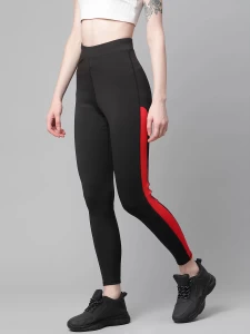Womens Solid Black and Red Color Block Tights Pants
