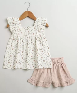 Floral Print Ruffle Organic Cotton Co-ord Set - White