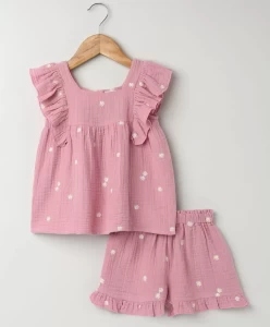 Floral Embroidery Organic Cotton Co-ord Set - Pink