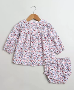 Red and Blue Floral Print Organic Cotton Dress with a matching Bloomer Red and Blue Floral Print Organic Cotton Dress with a matching Bloomer