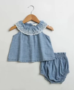 Cotton Denim Ruffle Dress and Bloomer Set Cotton Denim Ruffle Dress and Bloomer Set