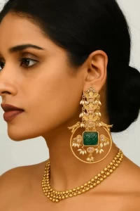 Regal Antique Gold Plated Earrings with Green Stone Detailing Regal Antique Gold Plated Earrings with Green Stone Detailing