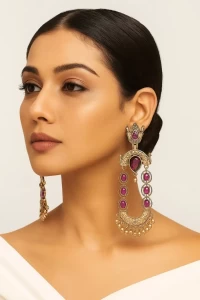 Ornate Gold Toned Maroon Stone Drop Earrings Ornate Gold Toned Maroon Stone Drop Earrings